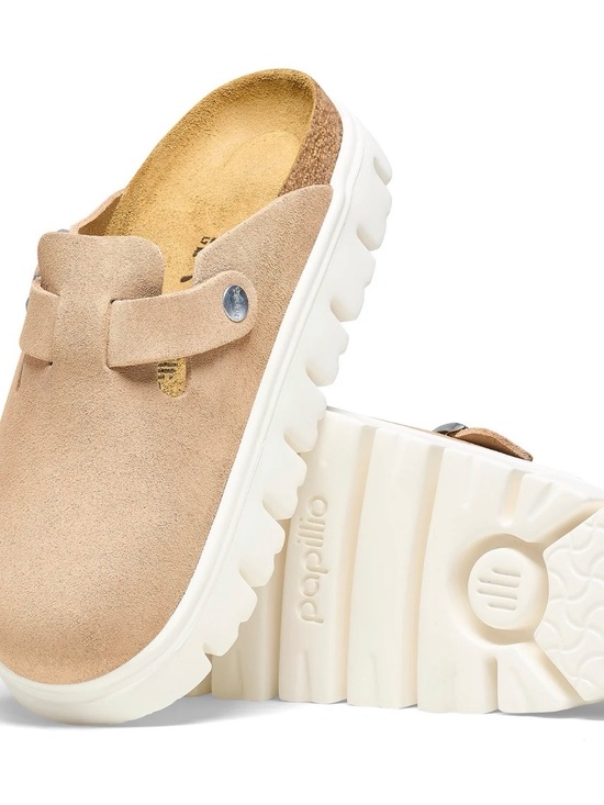 Birkenstock Shoes - Birkenstock Beige Suede Slip-On Clog with White Lug Sole